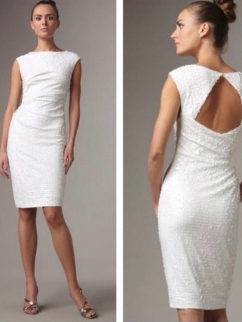 David Meister White  Beaded Cocktail Dress Keyhole Back Size 6